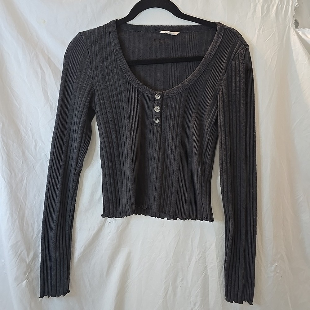 Aero Gray Ribbed Long Sleeve Crop Top Size M Juniors Y2K Vibes Festival